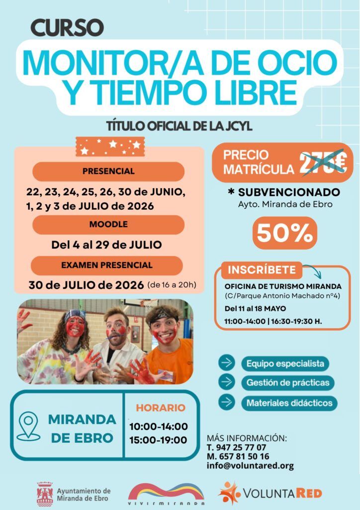 El Ayuntamiento de Miranda ofrece un nuevo Curso de Monitor de Tiempo Libre para mayores de 18 años 8 CARTEL CURSO MONITOR MIRANDA 2026